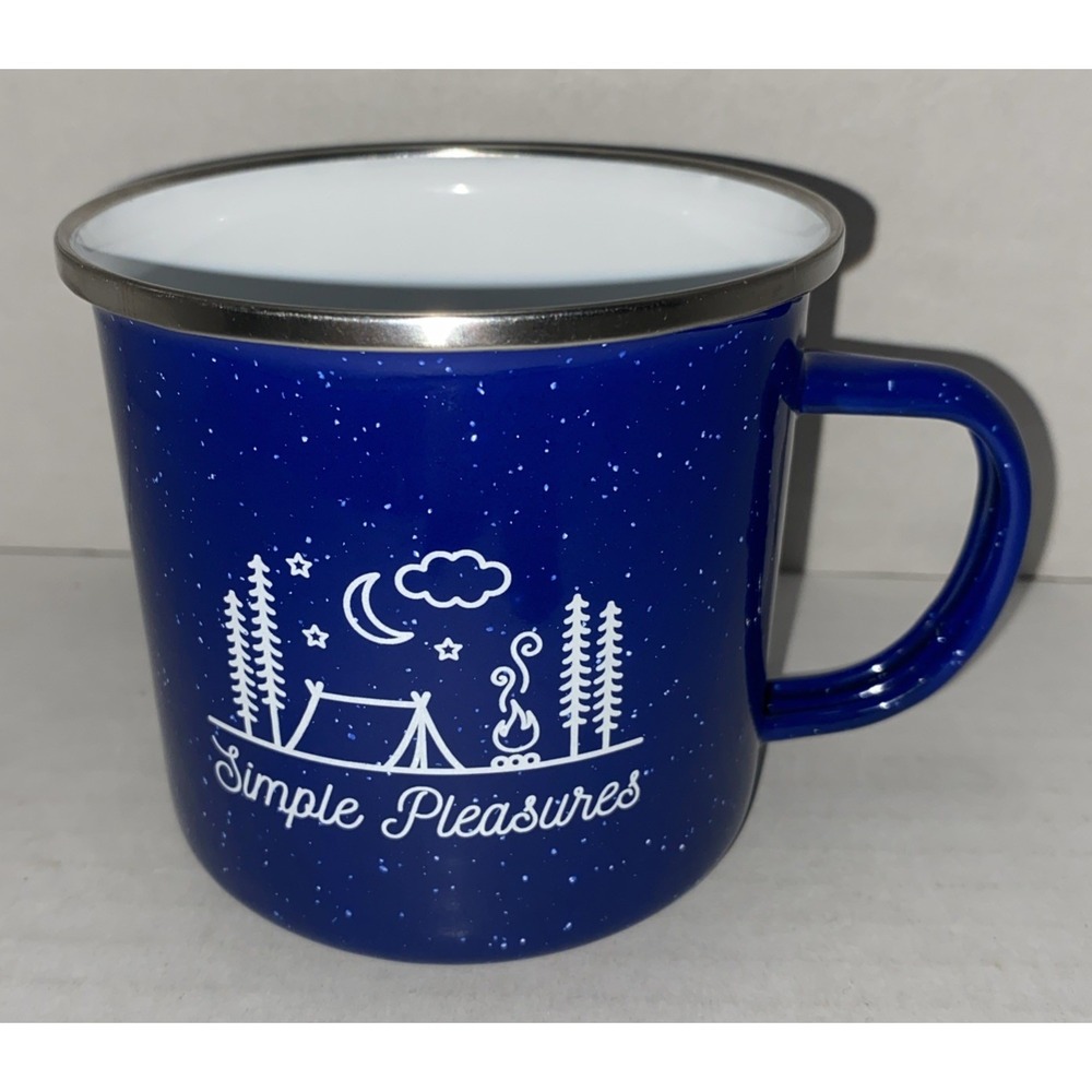 Camping Mug / 16oz Enamel &‎ Stainless Steel Rim Simple Pleasures Camping Design